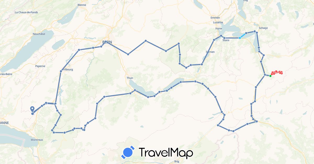 TravelMap itinerary: driving, bus, cycling, hiking, boat in Switzerland (Europe)